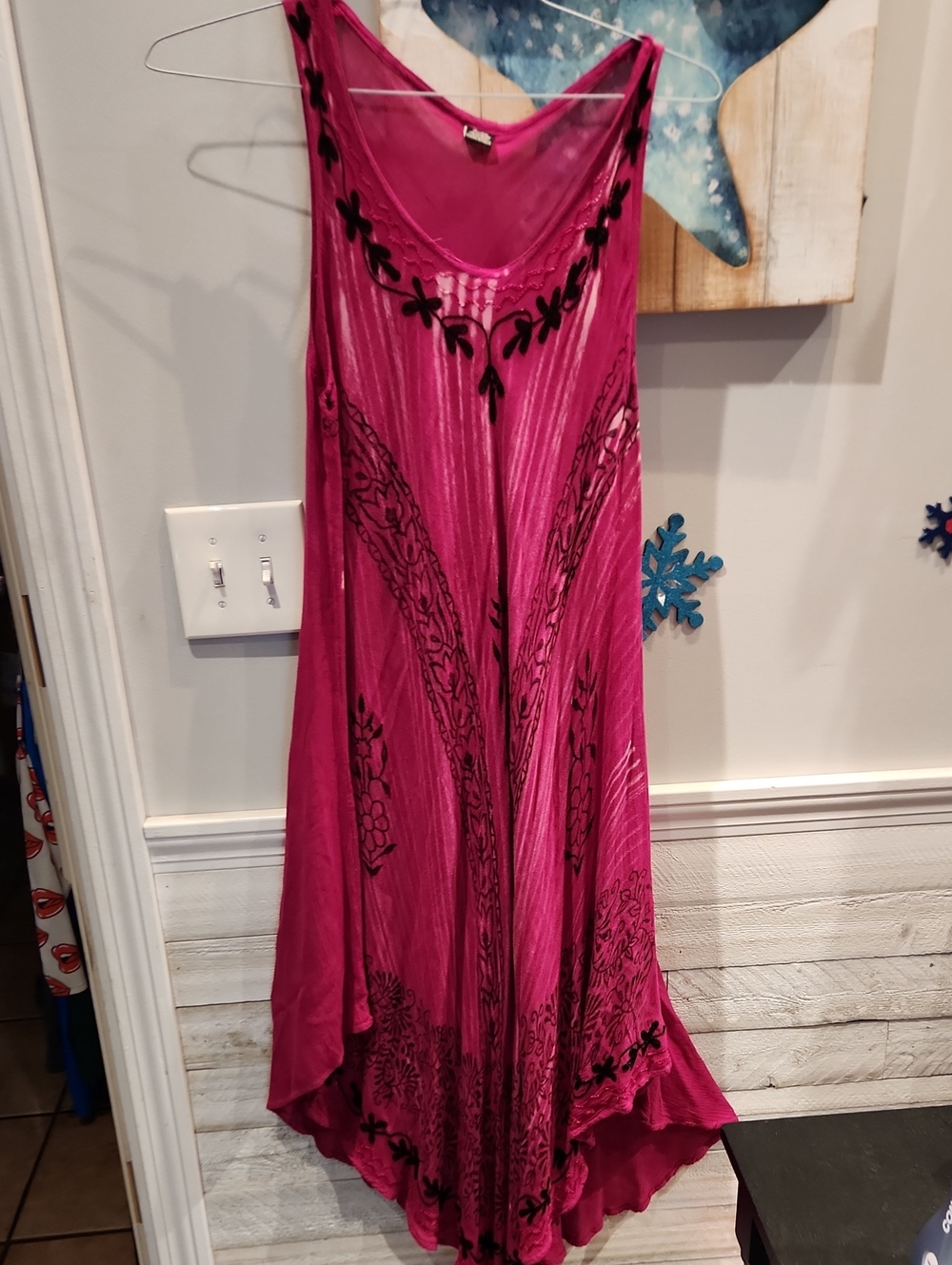 Sleeveless High-Low Boho Coverup Dress in Fuchsia w/Black Embroidery Free Size